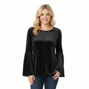 Tiana B. Women's Top Pleated Bell Sleeve Black Polyester Velvet Size Large